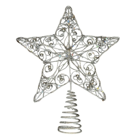 Other - Silver Glitter Filigree Star Christmas Tree Topper Wire Scrollwork Holiday Decor